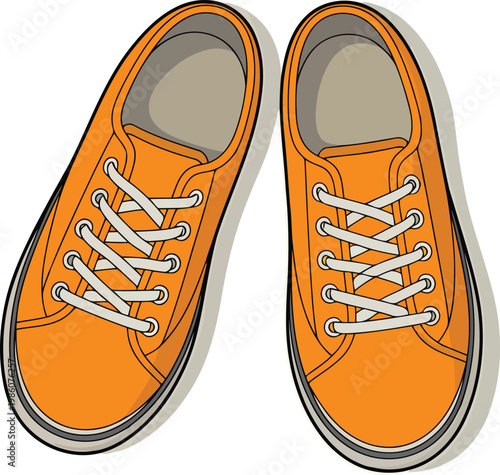 An overhead view of a pair of orange laced canvas sneakers