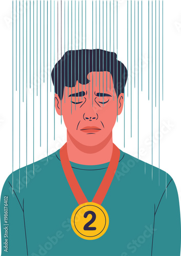 A portrait of a man with a second place medal looking dejected