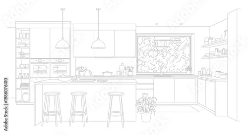 Architectural 3d illustration of a modern house project featuring a technical sketch of the interior room layout and furniture plan drawing