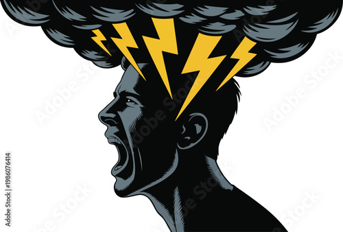 Frustration and anger a man s head with storm clouds and lightning bolts
