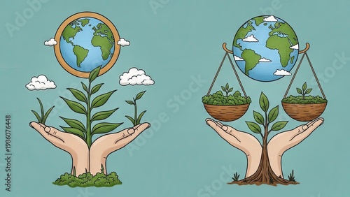 An illustration depicting hands nurturing the Earth with care and balance for a sustainable future
