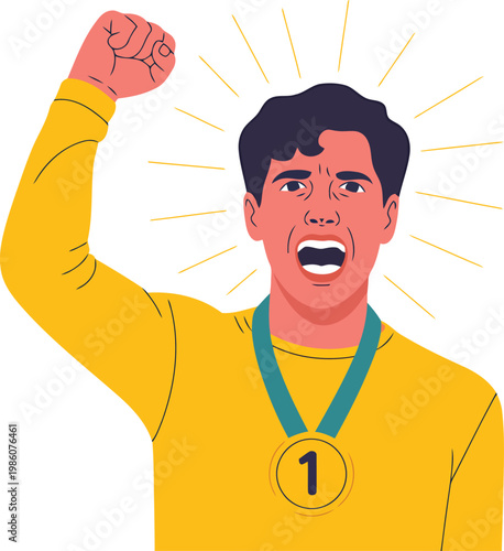A victorious athlete celebrates with a raised fist and golden medal