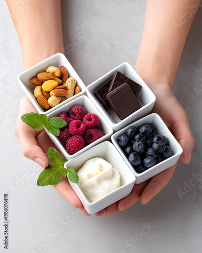 Healthy snack portions with berries nuts chocolate and yogurt in small bowls representing mindful eating and modern snacking trend