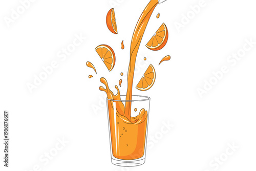 Orange juice splash with fresh fruit slices and leaves, healthy drink vector illustration on white background.