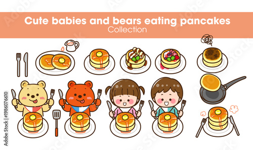 The collection of cute babies and bears eating pancakes