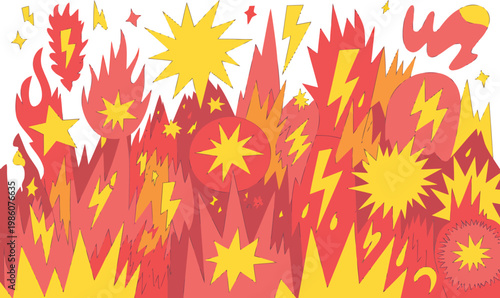 Stylized illustration of dynamic energy bursts lightning and fiery explosions