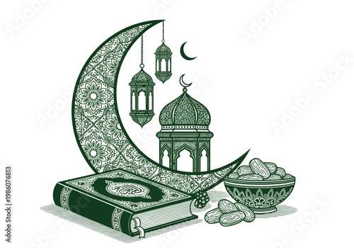 Green Ramadan Kareem and Eid Mubarak Illustration with Holy Quran, Crescent Moon, Mosque, and Dates - Islamic Religious Concept Vector