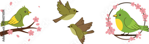 Cute Spring Birds Illustration Set with Small Colorful Birds on Branch Flying and Floral Wreath Design in Minimal Cartoon Vector Style