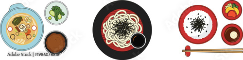 Traditional Japanese Noodle Dishes Set with Ramen Udon Soba Bowls Chopsticks Side Dishes and Asian Cuisine Elements in Clean Minimal Vector Style