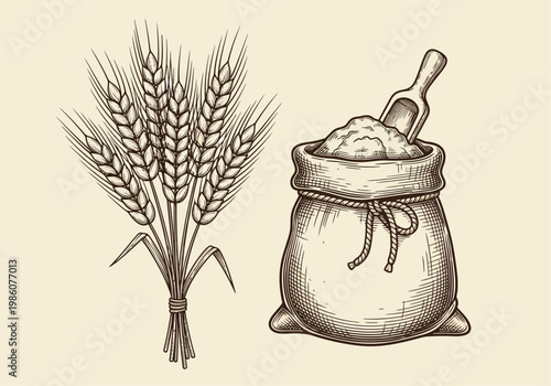 Vintage Engraving Style Illustration of Wheat Sheaf and Flour Sack with Wooden Scoop. Organic Bakery and Agriculture Concept Sketch