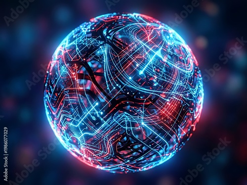 Glowing neon circuit board sphere with red and blue lights on dark background with colorful spots  futuristic technology concept