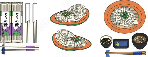 Japanese Ramen Meal Set Illustration with Noodles Bowls Chopsticks Packaging and Traditional Asian Food Elements in Clean Minimal Vector Style