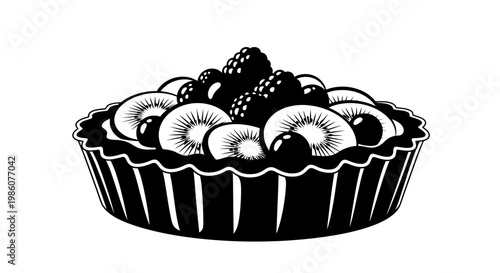 Fruites Blackberry kiwi tart, fruit dessert illustration, vector pastry, bakery icon isolated on White Background vactor EPS