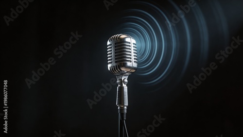 A close-up of a classic microphone against a dark backdrop, highlighting its sleek design and the emanating sound waves, perfect for radio or podcast themes.