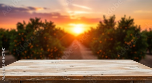 Golden sunset over a citrus grove, with a wooden table in the foreground, evoking fresh produce and natural beauty