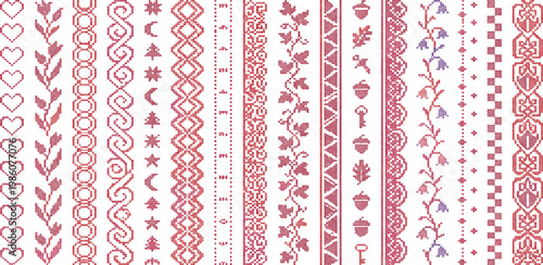 Extensive array of repetitive ornamental patterns designed as versatile digital borders, featuring a wide range of motifs from nature-inspired elements to classic geometric styles