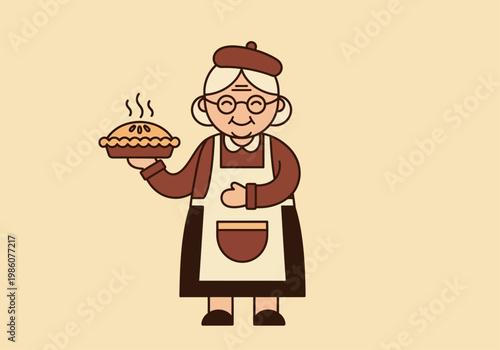 Cute Cartoon Illustration of a Grandmother Holding a Freshly Baked Steaming Pie - Happy Senior Woman Baker in Apron