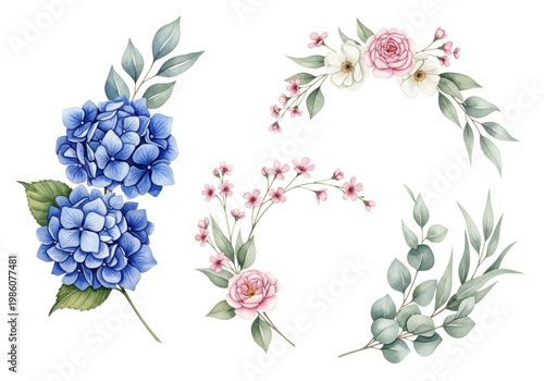 high-resolution scanned watercolor botanical illustration of blue hydrangeas, blush roses, and eucalyptus foliage, isolated on a transparent canvas. concept for luxury wedding stationery