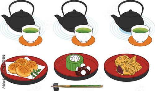 Japanese Tea and Dessert Set Illustration with Teapot Green Tea Cup Wagashi Sweets and Traditional Plates for Cultural Food Menu and Cafe Design Collection