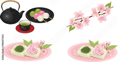 Japanese Sakura Dessert and Tea Set Illustration with Cherry Blossom Branch Wagashi Sweets and Green Tea for Spring Seasonal Menu and Cultural Food Design Collection