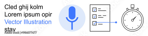Productivity, task tracking, time management, organization, workflow optimization, efficiency. Microphone, checklist and stopwatch. Productivity and task tracking conceptual visualization