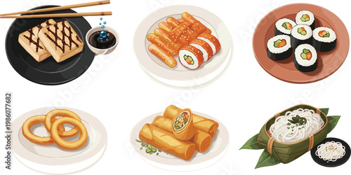 Asian Street Food and Snack Illustration Set with Sushi Rolls Fried Rings Spring Rolls and Noodle Dish for Restaurant Menu and Food Design Collection