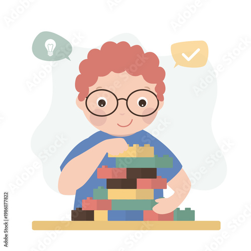 young boy with glasses and curly hair builds tower with colorful toy blocks. Childhood development, creativity and logical thinking. fun game with plastic blocks for child.