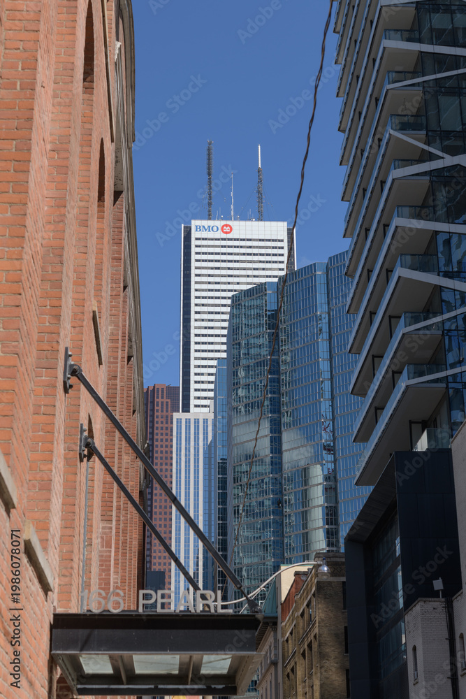 Fototapeta premium tight view east on Pearl St to buildings in the downtown financial core from Duncan St, Toronto