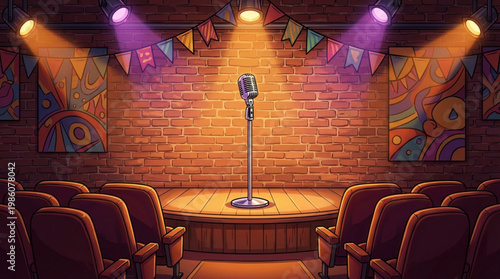 Microphone on stage with spotlight.