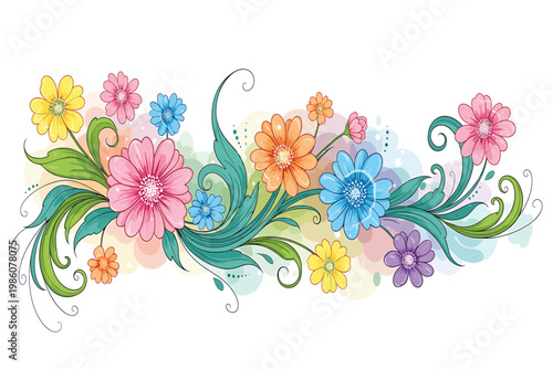 Vibrant Floral Garland with Diverse Colorful Flowers and Leaves, Flat Design Vector Illustration on white background