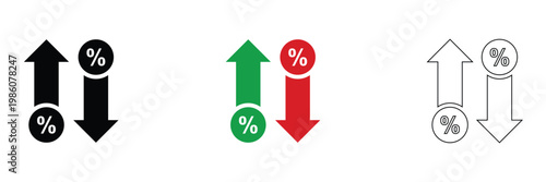 Percentage Arrows Up and Down Icon Set. Icons showing percentage symbols with upward and downward arrows, representing growth, decline, financial trends, and statistical changes.