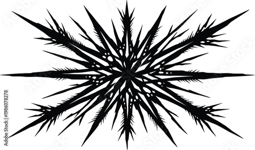 Black abstract spiky starburst or snowflake design with sharp pointed edges on a white background