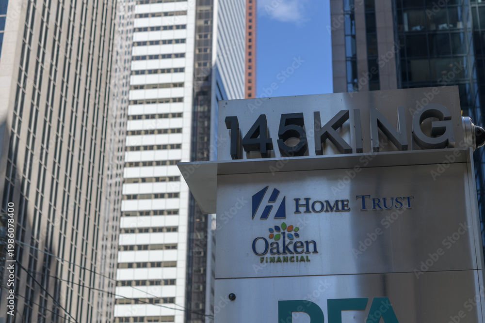Obraz premium exterior tenant directory at 145 King Street West, a class a, modern office building, location of Home Trust, Oaken Financial, Toronto