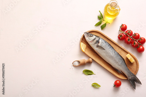 Wooden board with fresh raw...