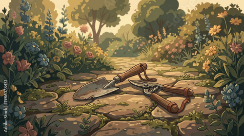 Vintage garden tools on stone path.