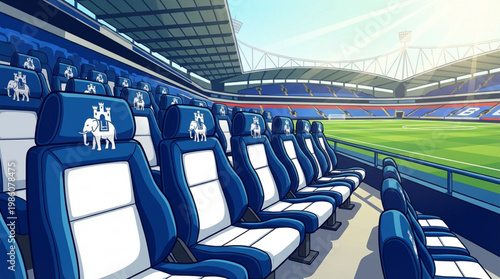 Stadium seats with blue and white.