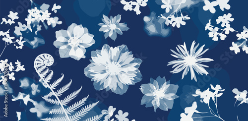 Timeless cyanotype-inspired floral pattern with white botanical silhouettes on a deep blue background, evoking a serene and artistic natural aesthetic
