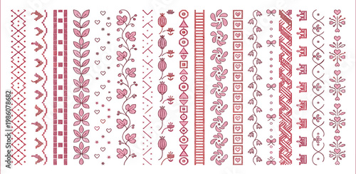 A diverse array of traditional folk embroidery patterns and decorative borders, meticulously crafted with geometric, floral, and ethnic motifs for textile art and design projects