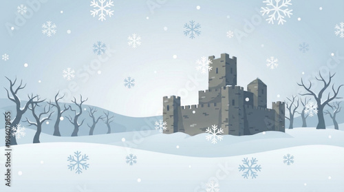 Snowy Castle in Winter Landscape Scene.