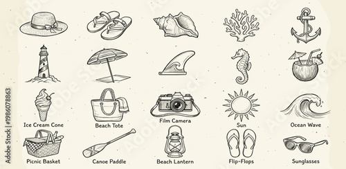 Hand-drawn vector illustrations of summer and beach essentials. Diverse collection for vacation and holiday designs, featuring seaside items and leisure activities