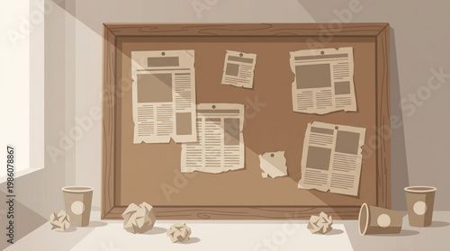 Cork bulletin board with papers pinned.