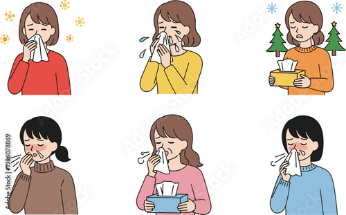 People Sneezing and Blowing Nose Illustration Set Showing Cold Flu Symptoms and Seasonal Illness for Healthcare Awareness and Medical Design Collection