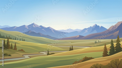 Mountain range landscape with green fields.