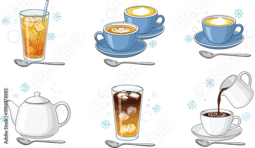 Hot and Iced Coffee and Tea Drink Illustration Set with Cups Glasses and Teapot Showing Different Beverage Styles for Cafe Menu and Drink Design Collection