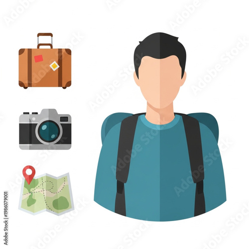 Clean vector travel illustration, high detail, isolated man