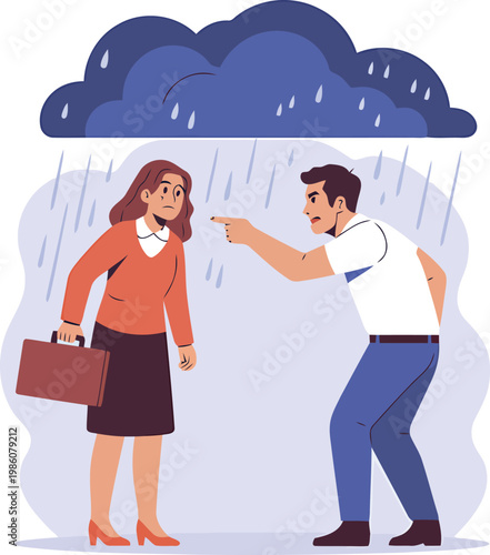Couple arguing under rain cloud depicting conflict and emotional distress