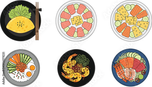 Healthy Meal Plate Illustration Set with Salmon Shrimp Eggs and Fresh Vegetables Showing Balanced Diet and Gourmet Food Presentation for Restaurant Menu Design Collection