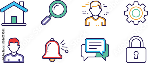User interface and notification icon set featuring home search profile settings alerts chat and security symbols collection