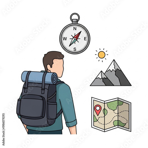 clean vector illustration of man with backpack on isolated white, high detail, professional