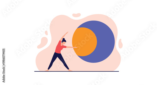 A solitary female yoga practitioner performs a gentle side stretch beside a large vibrant orange and blue circular shape against a soft pastel backdrop.